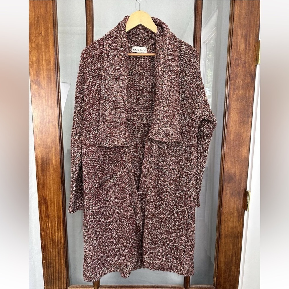 Knox Rose Cardigan Womens L Red Long Chunky Knit Pockets Open Cozy Hippie Collar